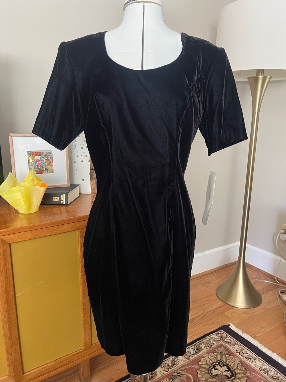 Vintage 80s NWT Classic Black Velvet Short Sleeve Dress